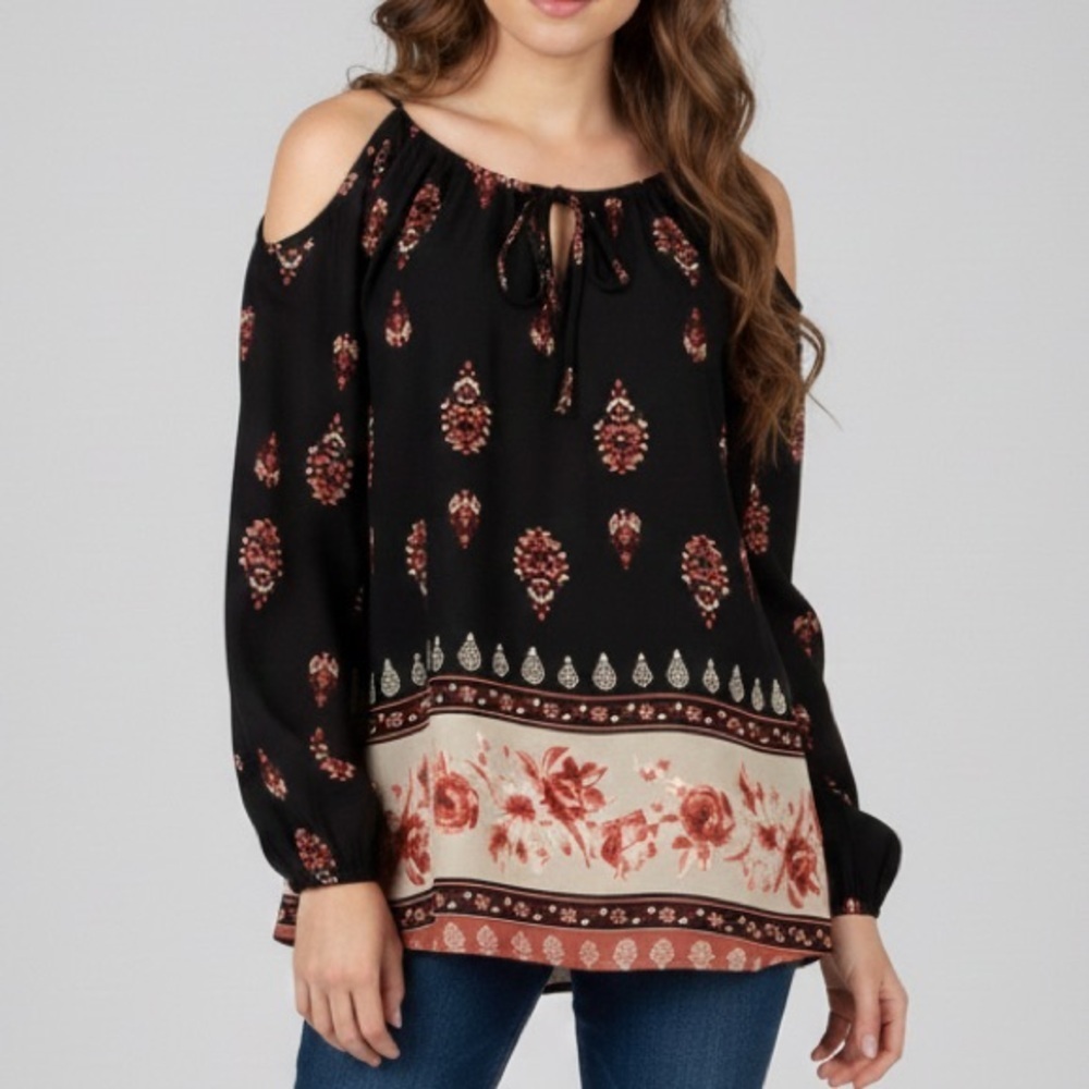 Rue21 Black and Red Floral Cold Shoulder Blouse